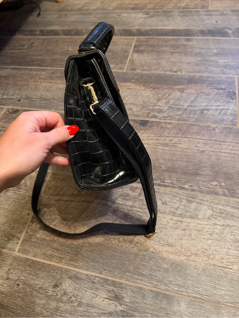 Croc-Embossed Black Top-Handle Satchel with Gold Clasp - Picture 3 of 8